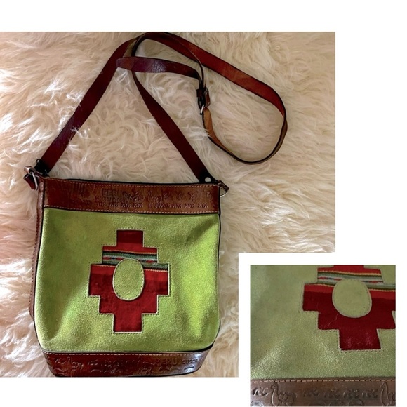 Peru Ethnic Green Suede Leather Embossed Southwestern Crossbody Bag - Picture 1 of 11